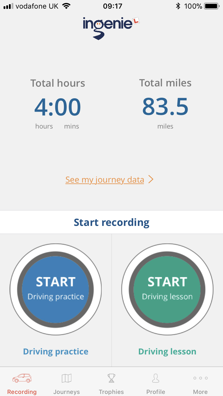 ingenie learner driving app record journeys